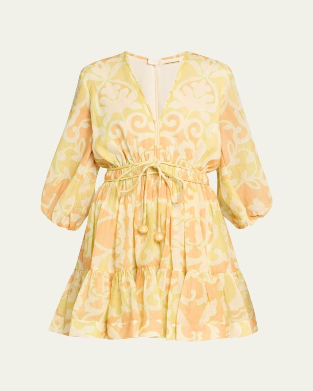 Capri Cinched Balloon-Sleeve Flared Mini Dress