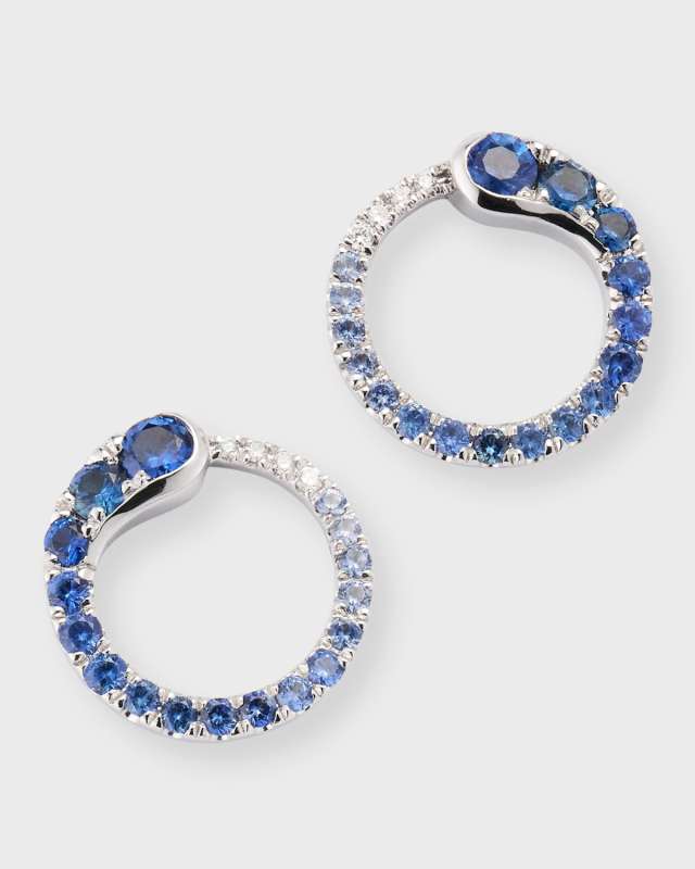 Rainbow 18K White Gold Ombre Circle Blue Sapphire and Diamond Stud Earrings