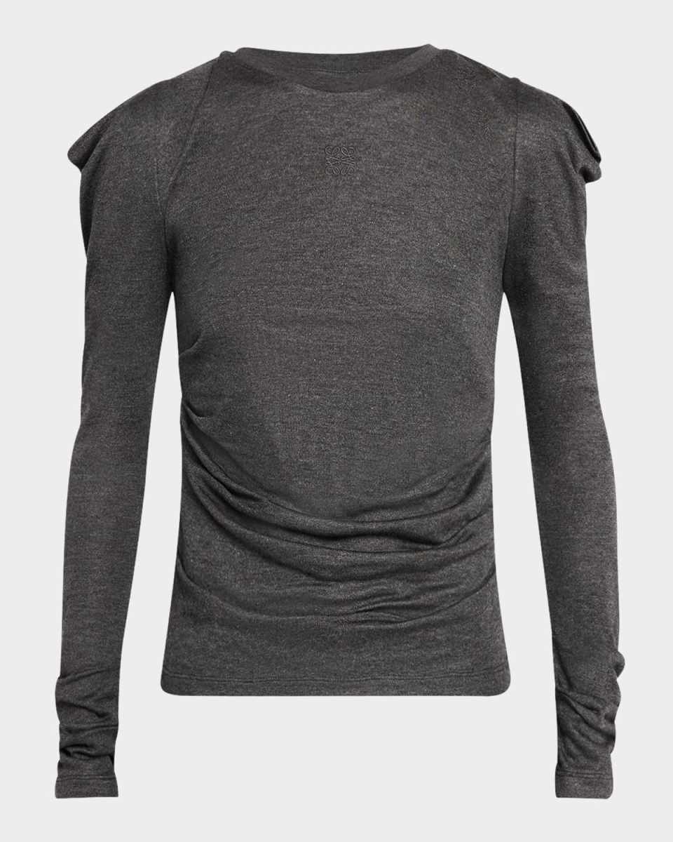 Draped Long Puff-Sleeve Top
