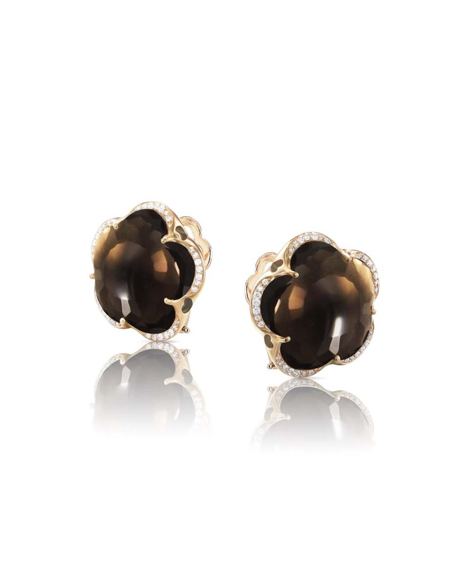 18k Rose Gold Smoky Quartz Floral Stud Earrings with Diamonds