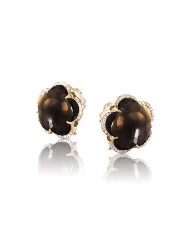 18k Rose Gold Smoky Quartz Floral Stud Earrings with Diamonds