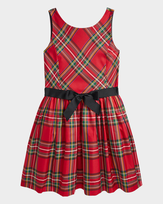 Girl's Plaid-Print Festive Bow Dress, Size 2-