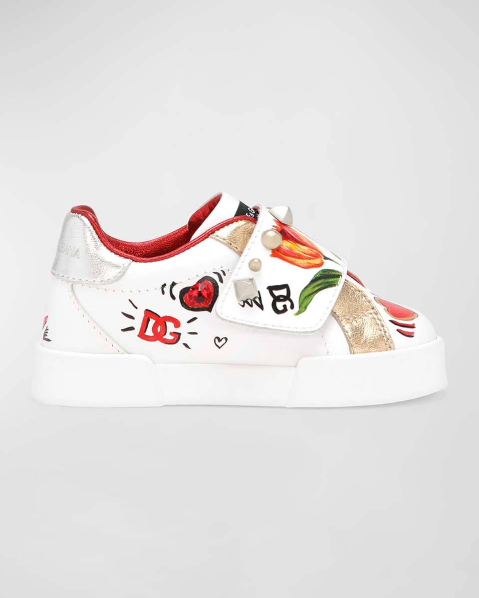 Girl's Leather Embellished Tulip-Print Sneakers, Toddlers