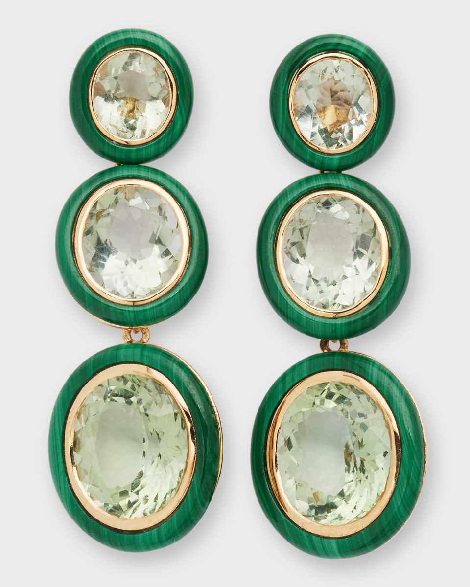 Melange 3-Tier Oval Earrings in 18k Gold with Prasiolite & Malachite