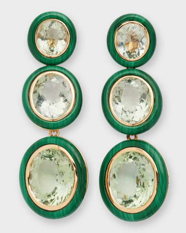 Melange 3-Tier Oval Earrings in 18k Gold with Prasiolite & Malachite