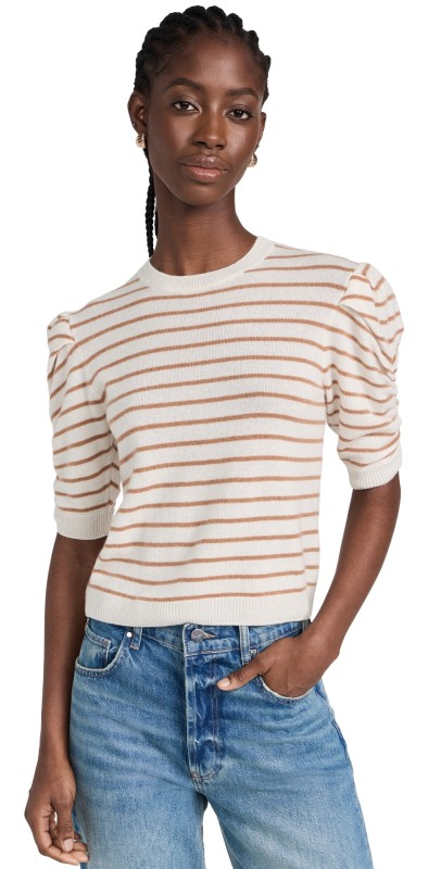FRAME Ruched Sleeve Cashmere Sweater Camel Multi