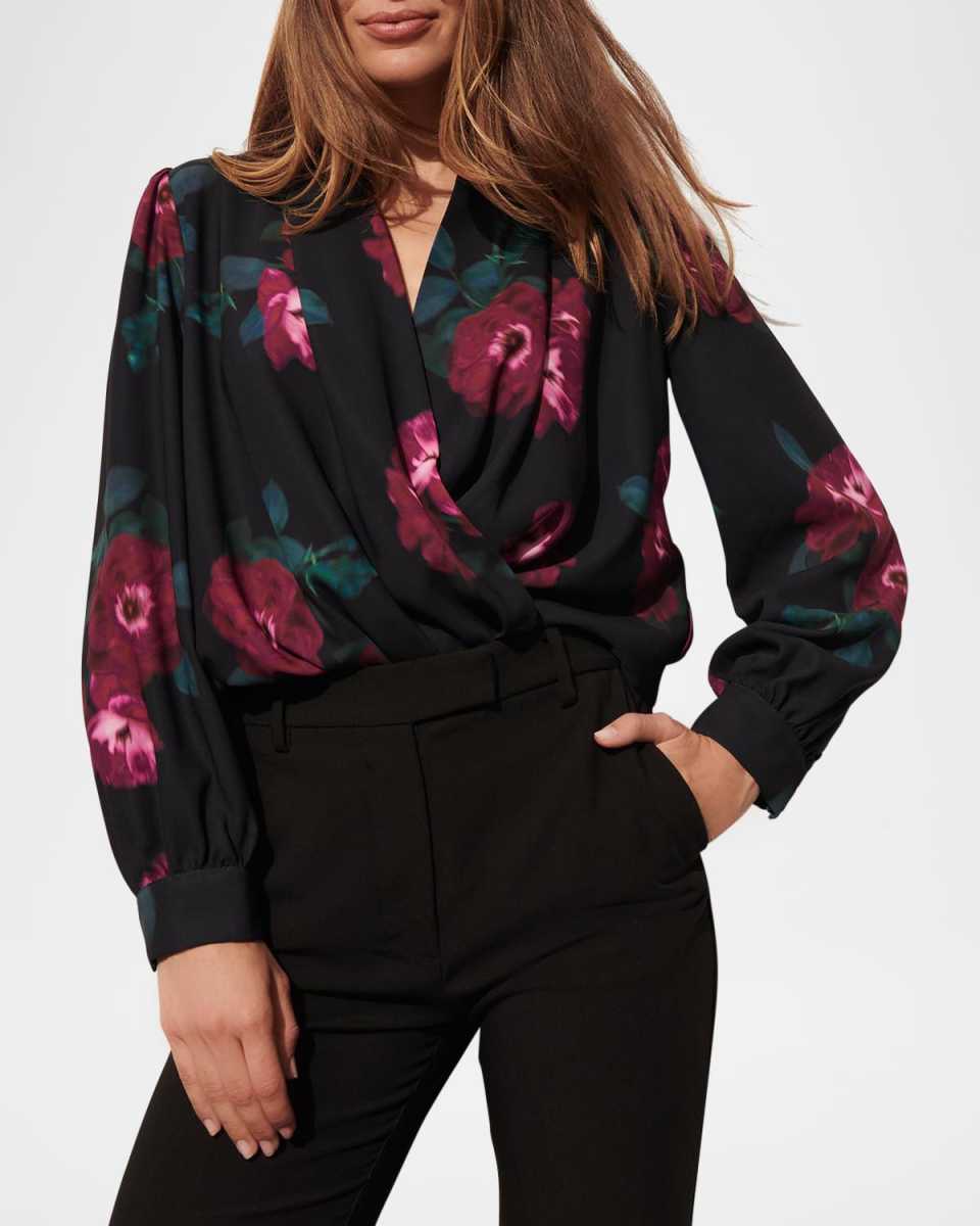 Jackie Floral Draped Long-Sleeve Wrap Top