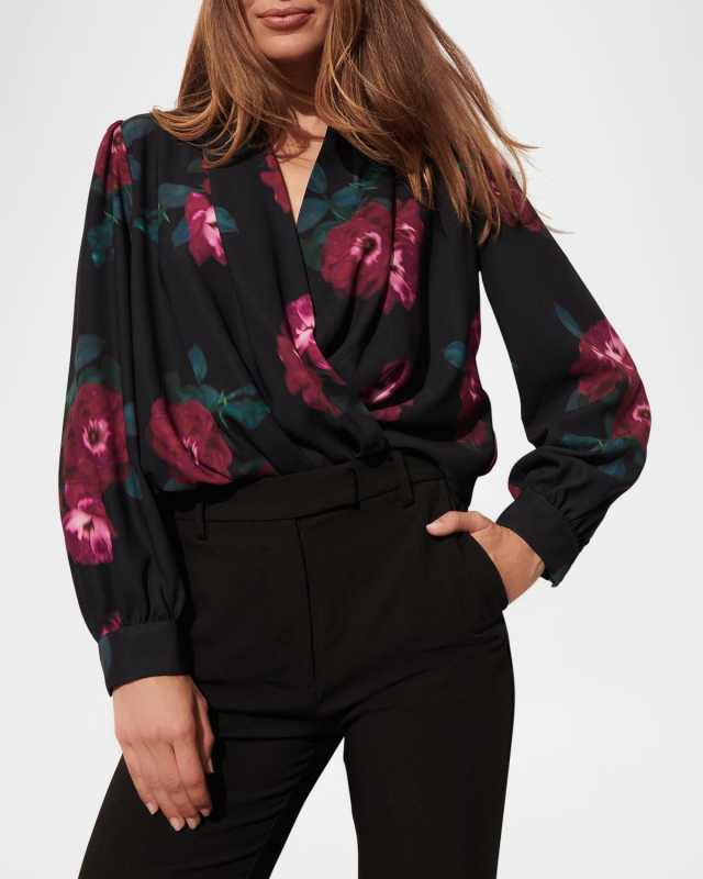 Jackie Floral Draped Long-Sleeve Wrap Top