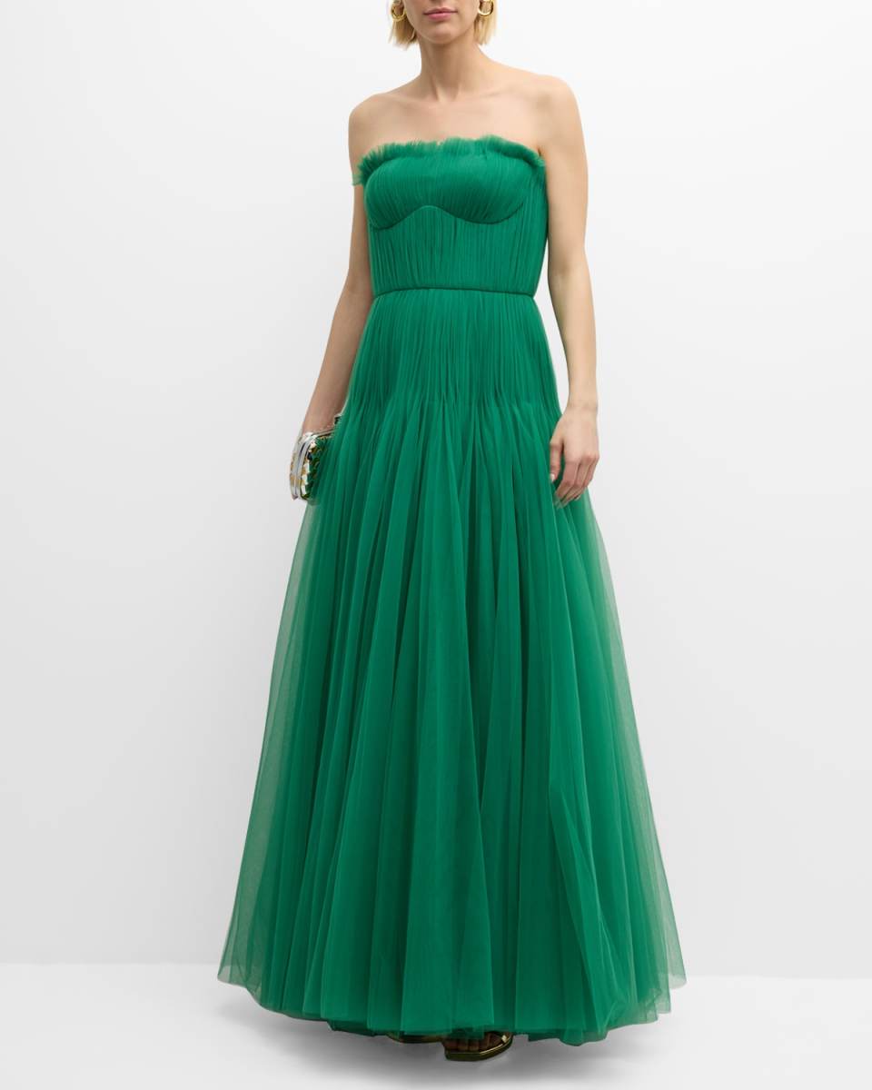 Strapless Pleated Tulle Bustier Gown