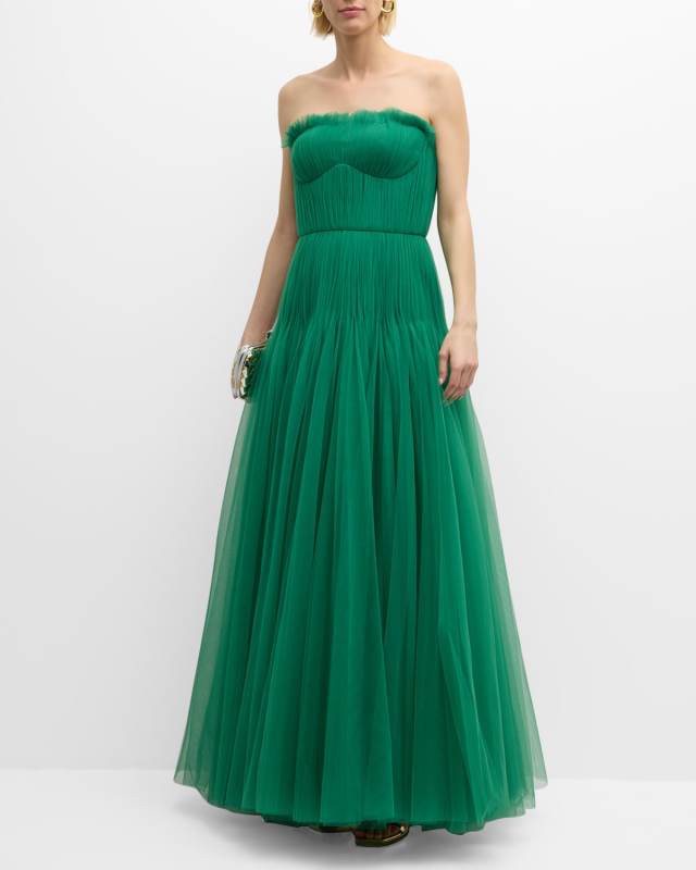 Strapless Pleated Tulle Bustier Gown