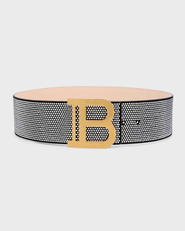 B-Logo Wide Crystal Dot Leather Belt