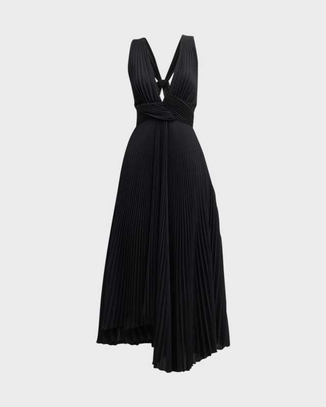 Everly Pleated Plunge-Neck Midi Dress