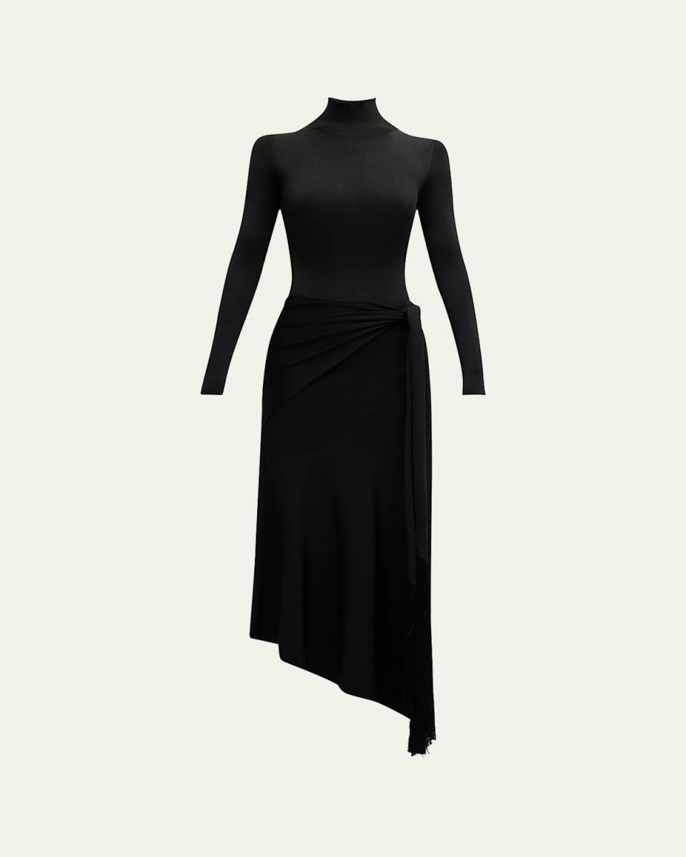 Turtleneck Scarf-Waist Knit Midi Dress