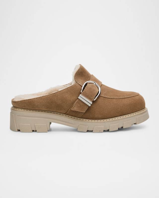 Allie Suede Shearling Buckle Mules