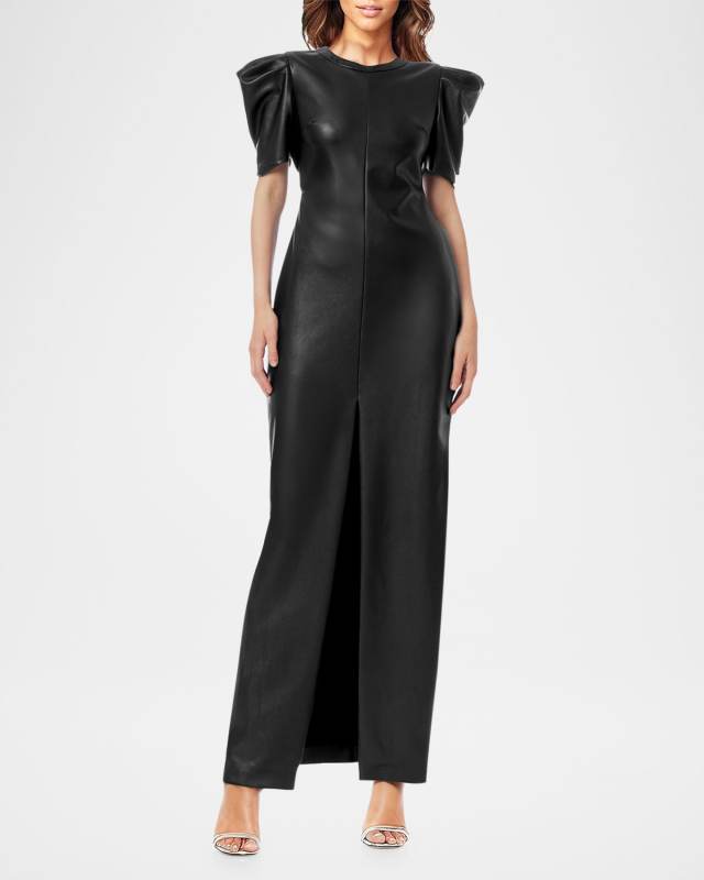 Puff-Sleeve Faux Leather Column Gown