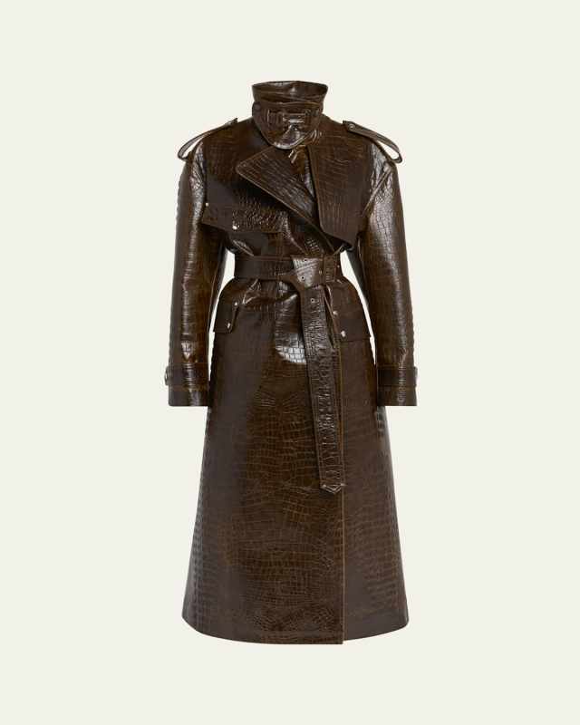 Croc-Embossed Faux Leather Trench Coat
