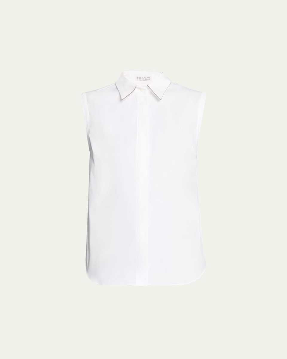 Cotton Poplin Button-Front Shirt with Monili Collar