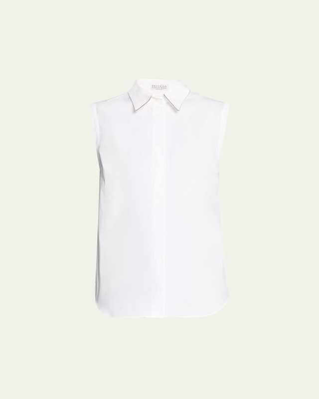 Cotton Poplin Button-Front Shirt with Monili Collar