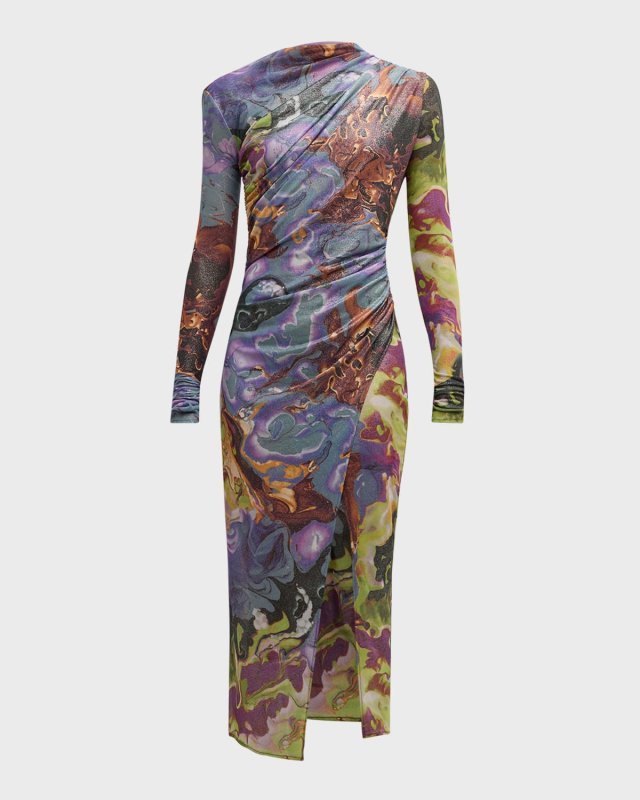 Metallic Printed Mesh Draped Long-Sleeve Midi Dress