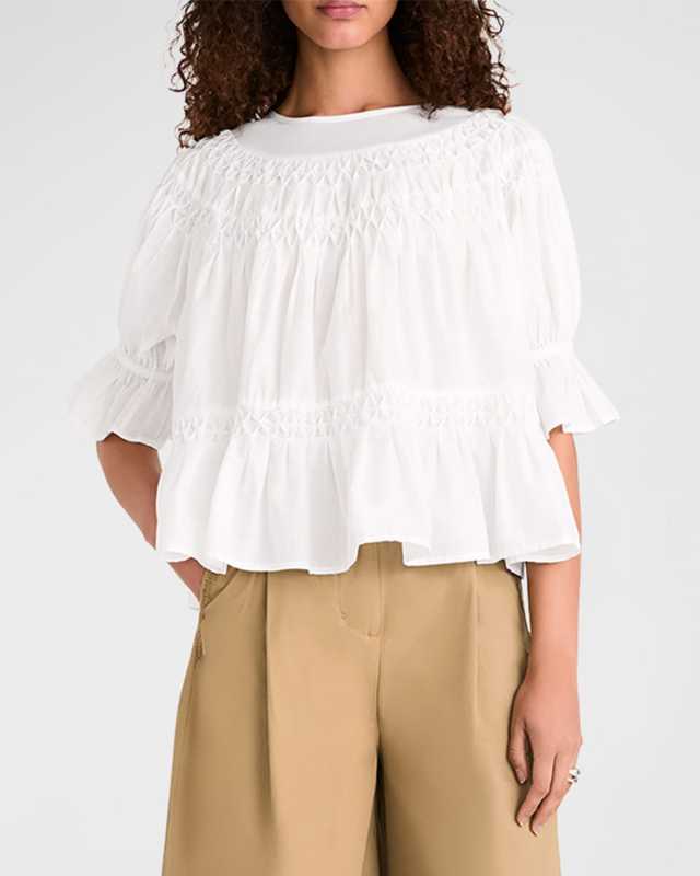 Smocked Puff-Sleeve Pima Cotton Blous