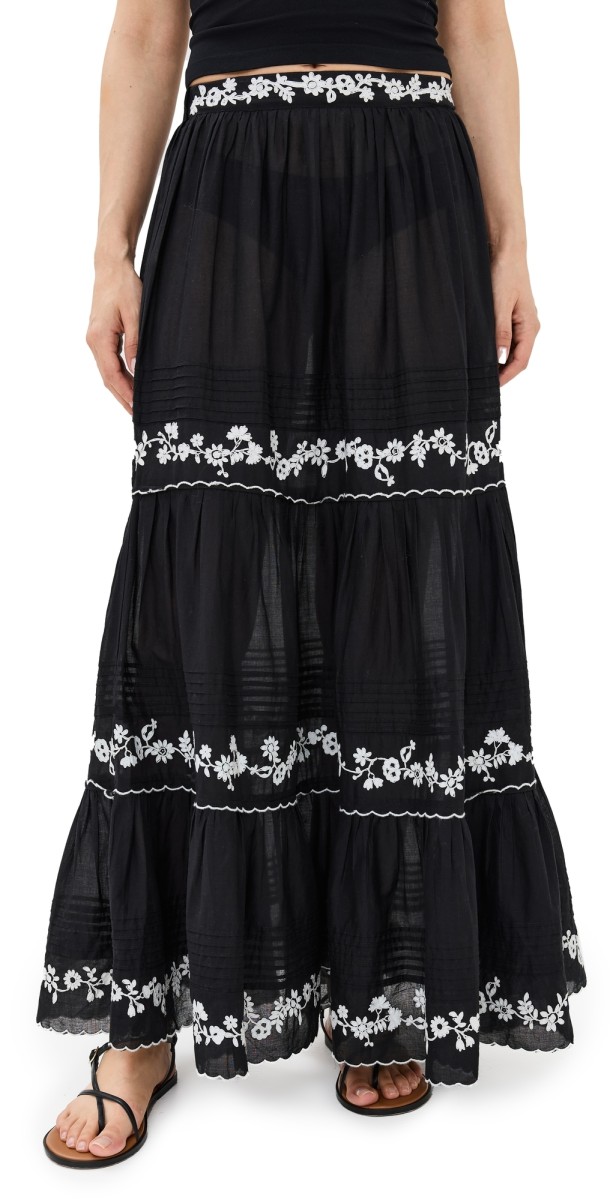 FARM Rio Black Embroidered Ruffled Maxi Skirt Black