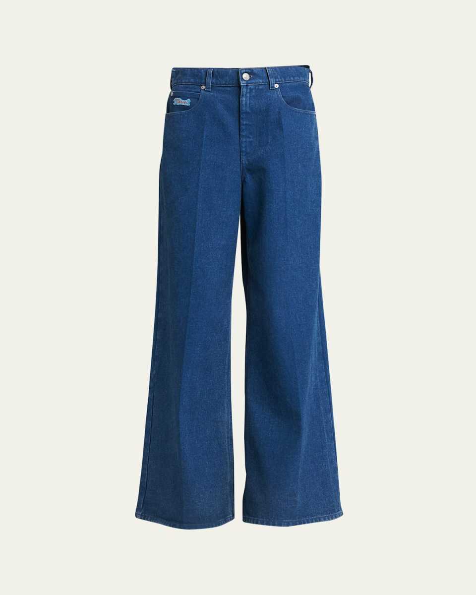 Logo-Embroidered Five-Pocket Wide-Leg Denim Jeans