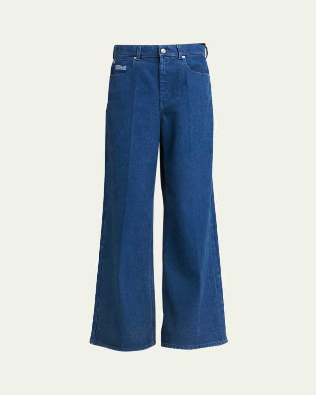 Logo-Embroidered Five-Pocket Wide-Leg Denim Jeans