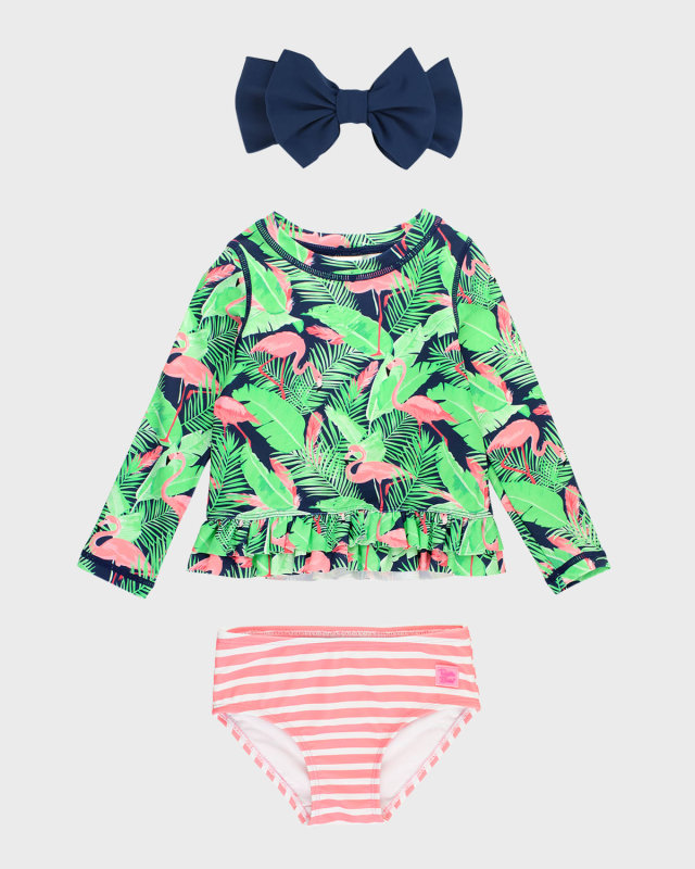 Girl's Flamingo Rashguard Two-Piece Swimsuit and Bow, Size 3M-8