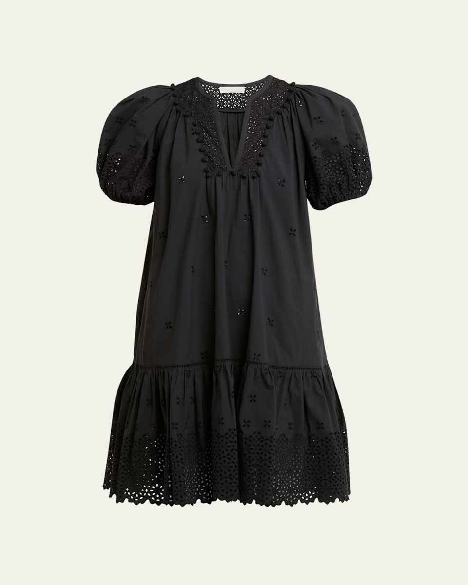 Aurora Short Embroidered Poplin Puff-Sleeve Dress