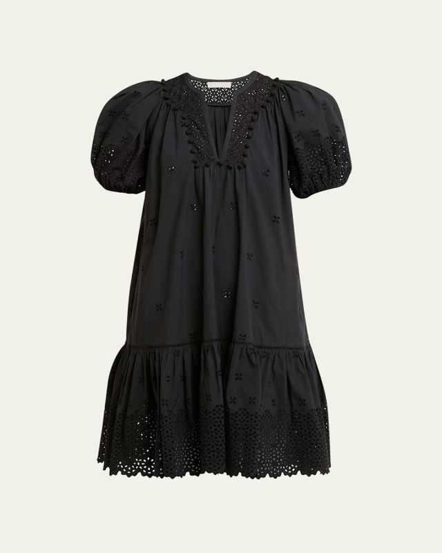 Aurora Short Embroidered Poplin Puff-Sleeve Dress