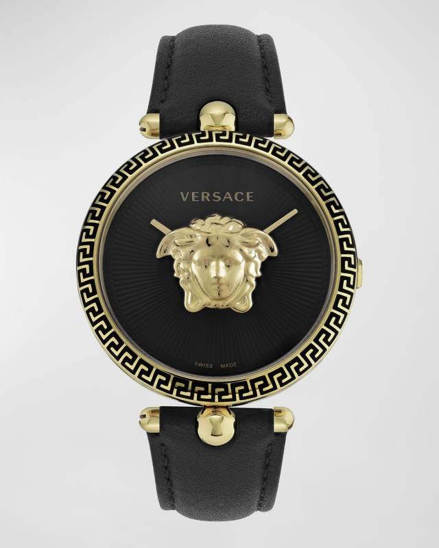 39mm Palazzo Empire Watch with Leather Strap, Yellow Gold/Black