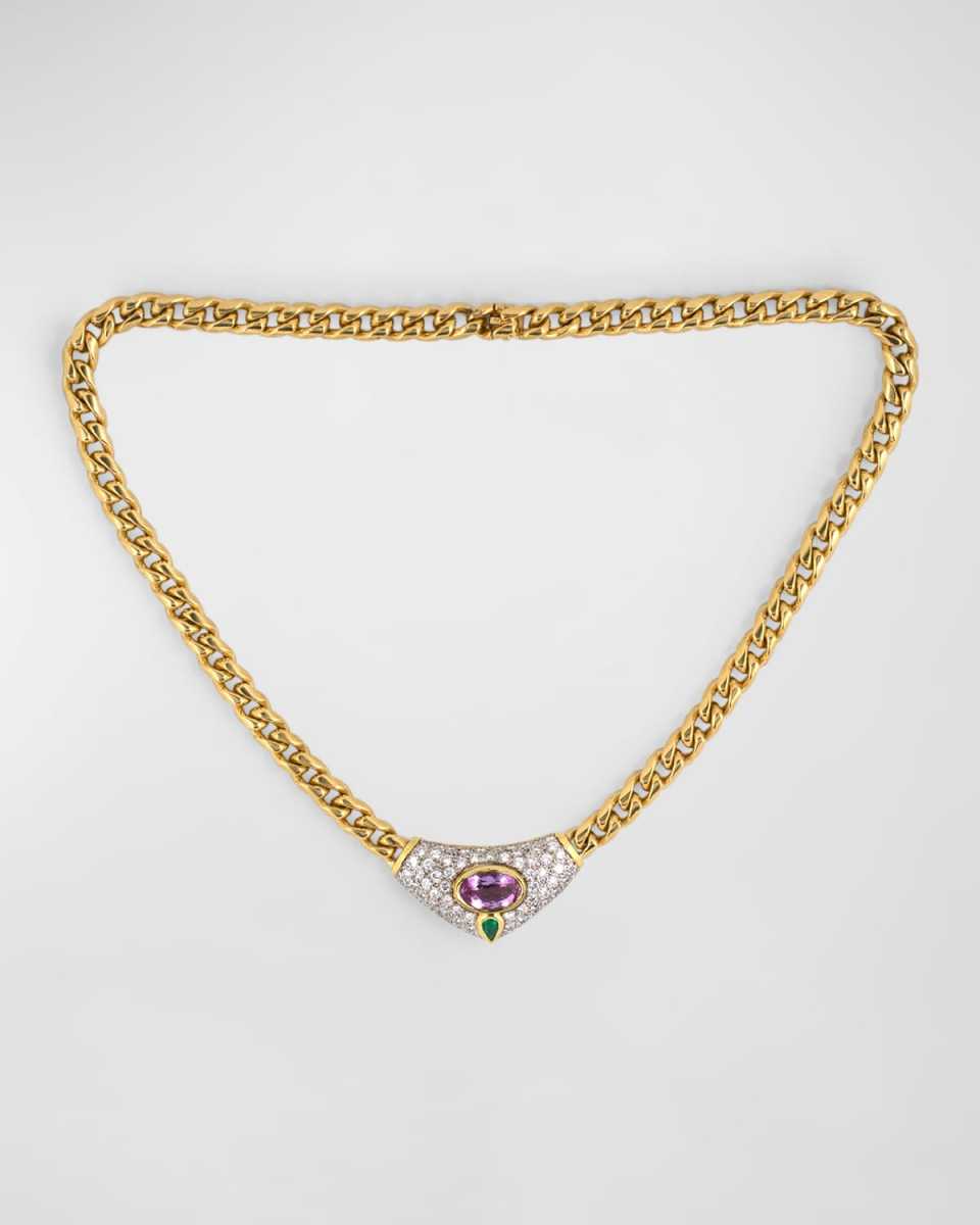 Estate 18K Yellow and White Gold Pink Topaz, Emerald and Diamond Pendant Necklace