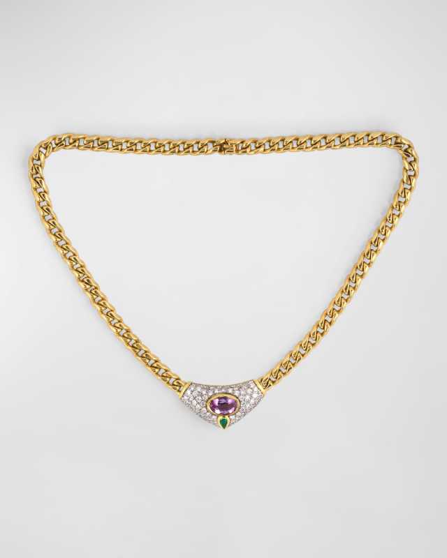 Estate 18K Yellow and White Gold Pink Topaz, Emerald and Diamond Pendant Necklace