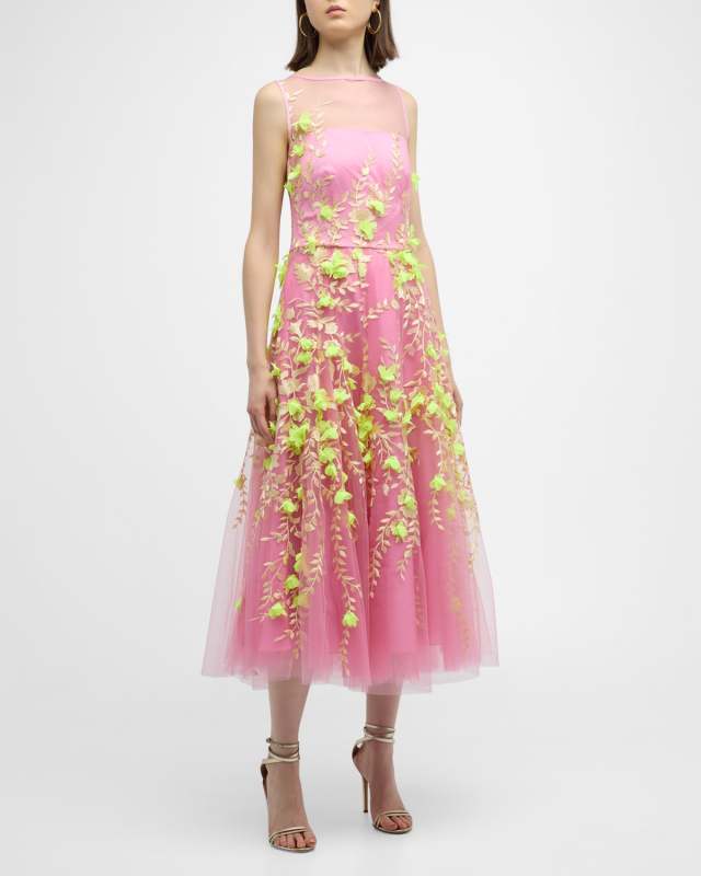 Sleevelesss Tulle Floral Embroidered Midi Dress