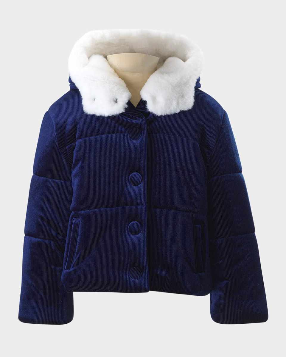 Girl's Faux Fur Trim Ribbed Hooded Puffer Jacket, Size 2-10