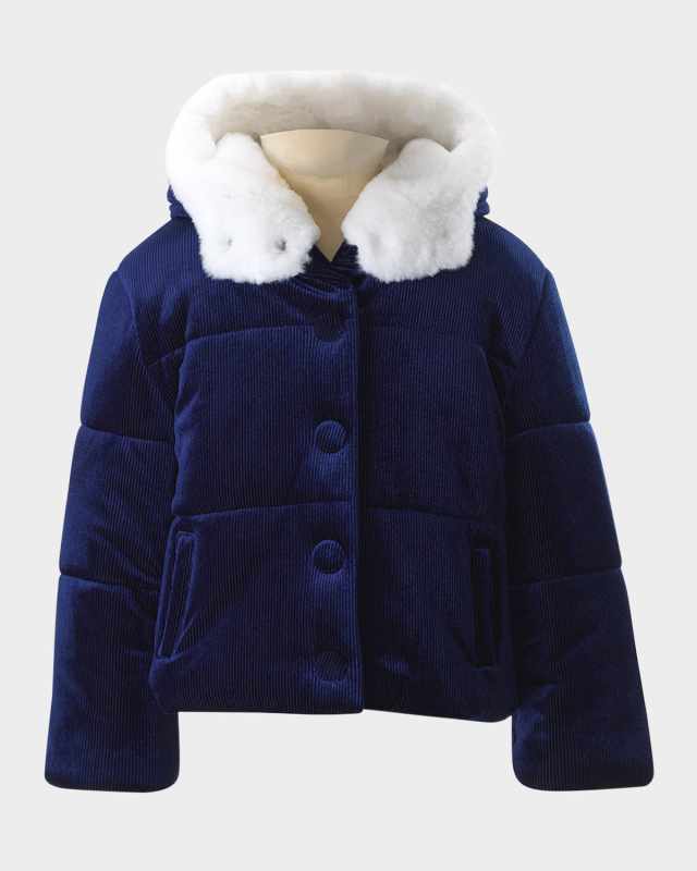 Girl's Faux Fur Trim Ribbed Hooded Puffer Jacket, Size 2-10