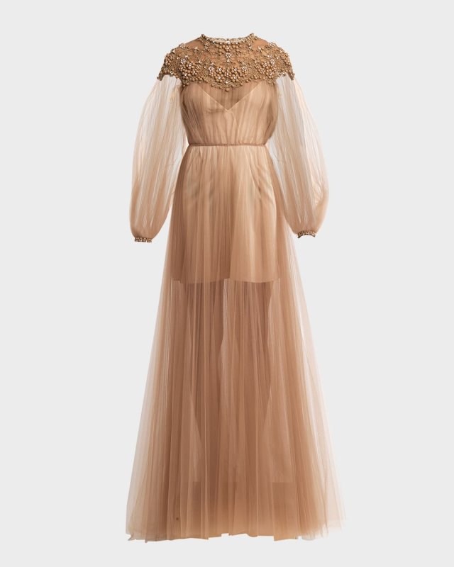 Crystal Embroidered Lace Long-Sleeve Pleated Tulle Gown