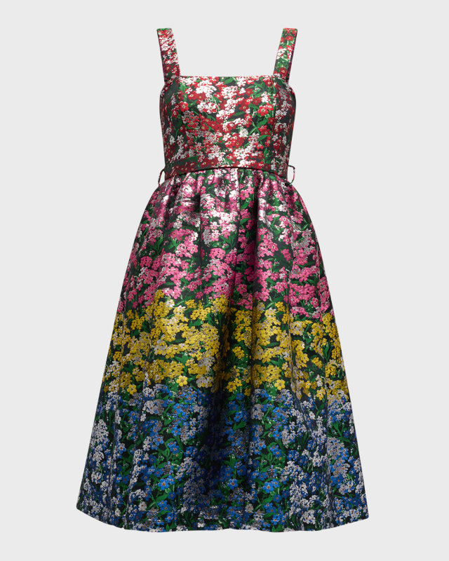 Iris Metallic Floral Jacquard Belted Midi Dress