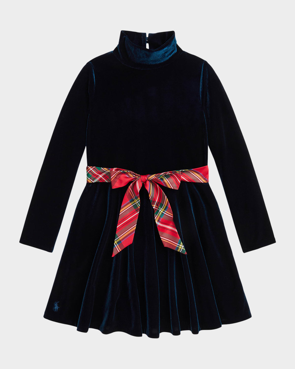 Girl's Velour Dress W/ Plaid-Print Bow, Size 2-