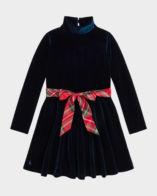 Girl's Velour Dress W/ Plaid-Print Bow, Size 2-