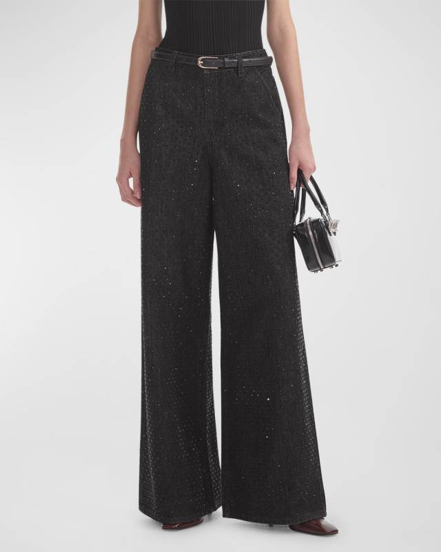 Rhinestone Wide-Leg Denim Jeans