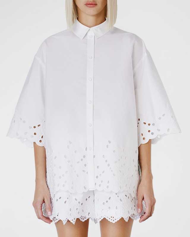 Eyelet Embroidered Short-Sleeve Oversized Collared Shirt