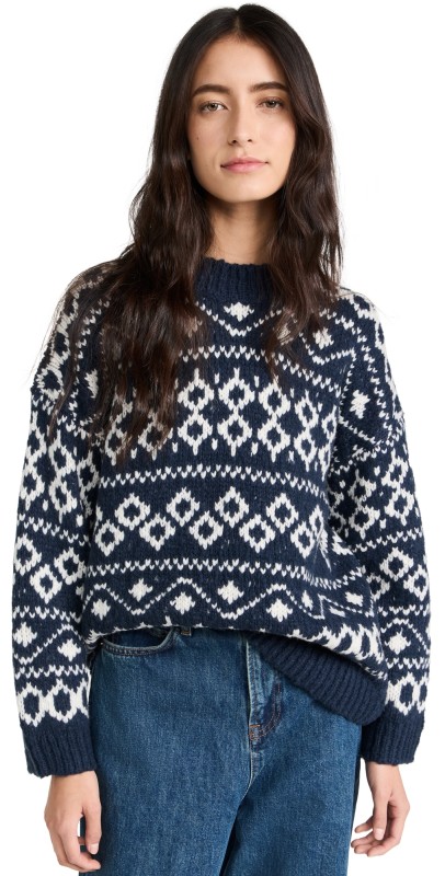 Vince Nordic Fair Isle Crew Pullover Washed Coastal/Lt White Sand