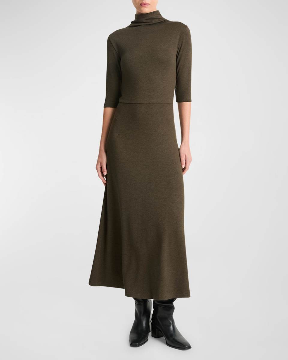 Elbow-Sleeve Turtleneck Midi Dress