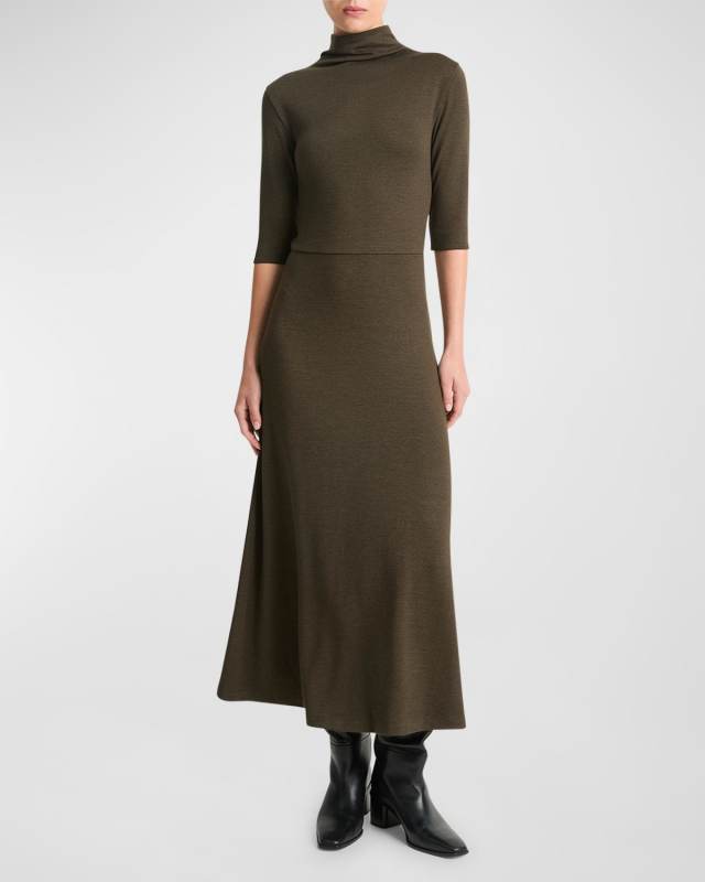 Elbow-Sleeve Turtleneck Midi Dress