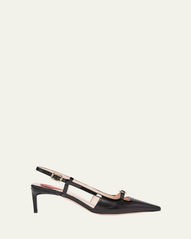 Mixed Leather Mini Buckle Slingback Pumps