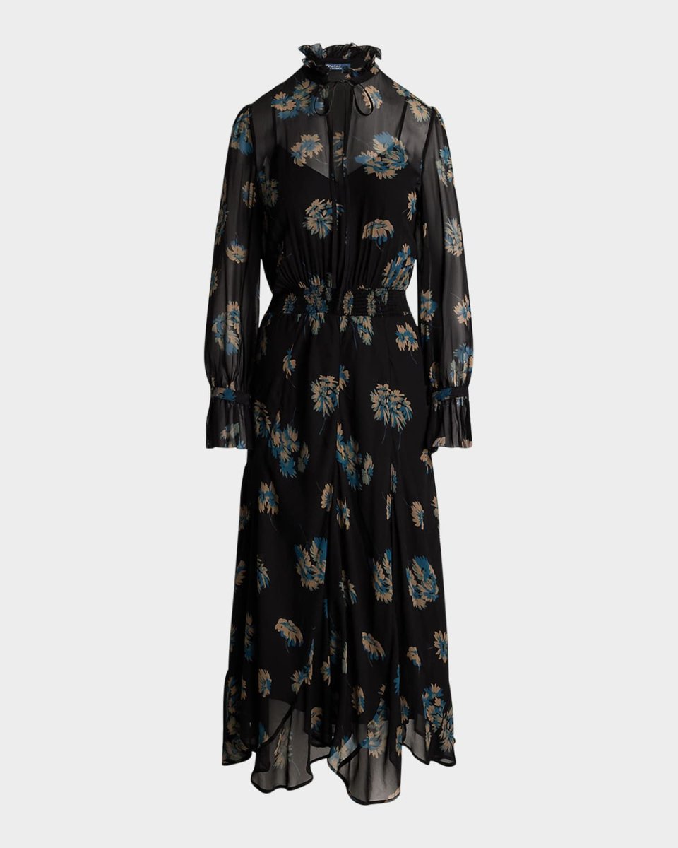 Floral Ruffle-Trim Georgette Midi Dress