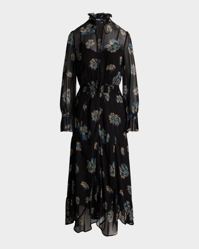 Floral Ruffle-Trim Georgette Midi Dress