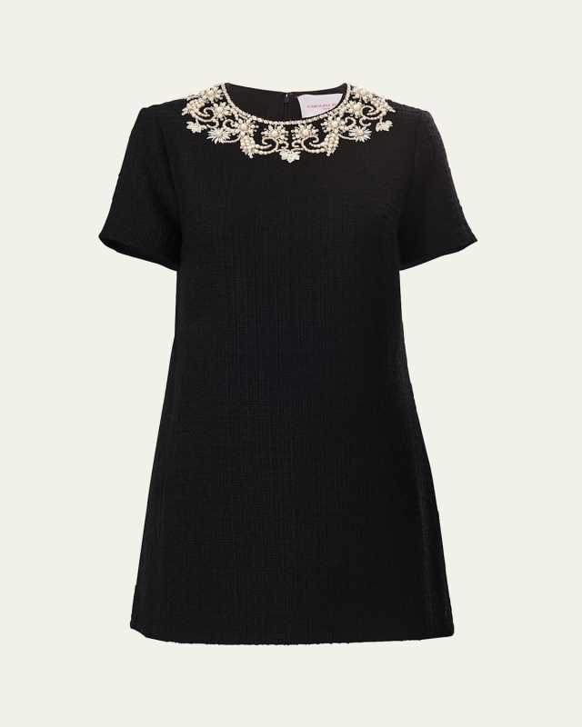 Embellished Short-Sleeve Tweed Mini Dress