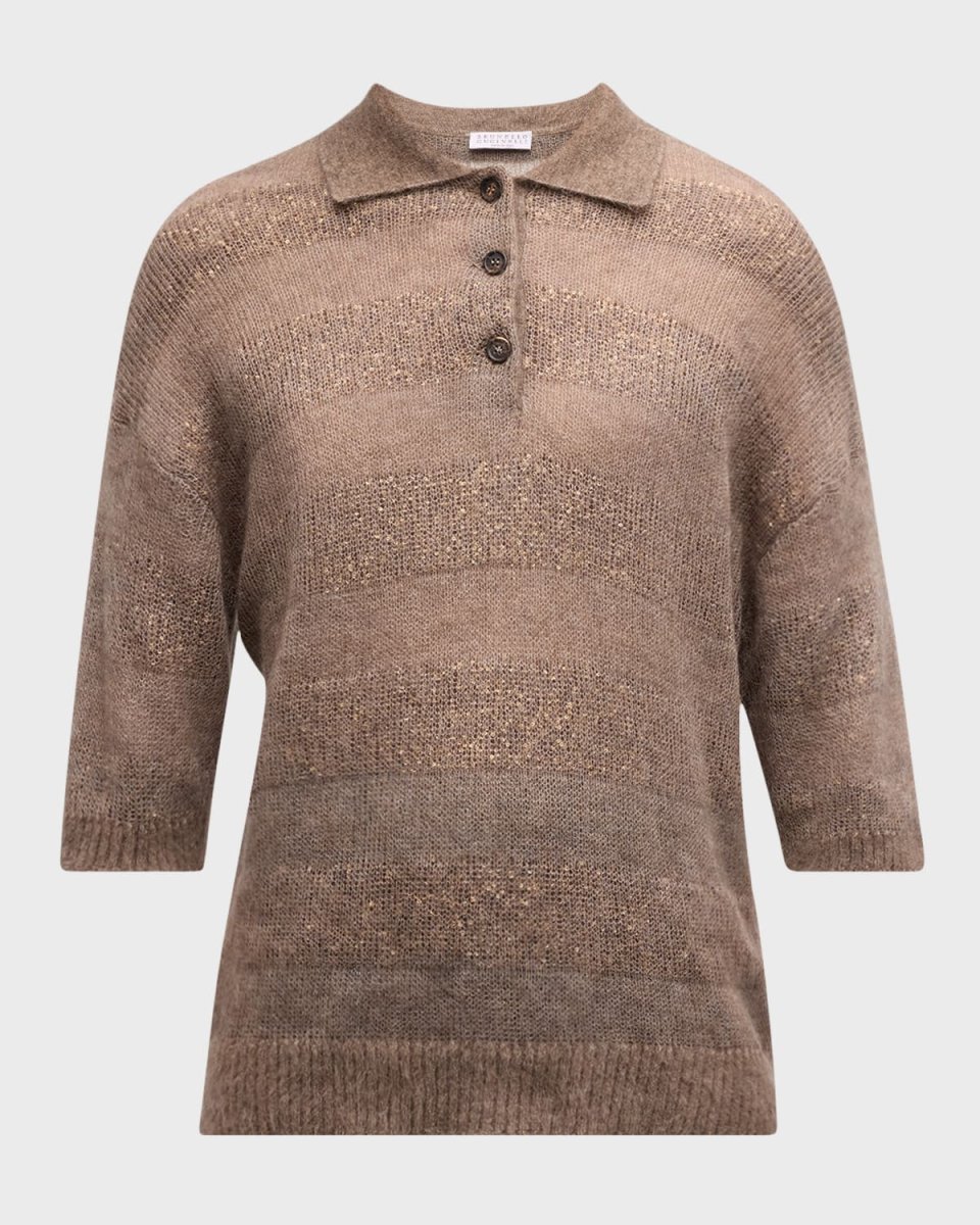 Mohair-Wool Striped Shiny Gauze Polo Sweater